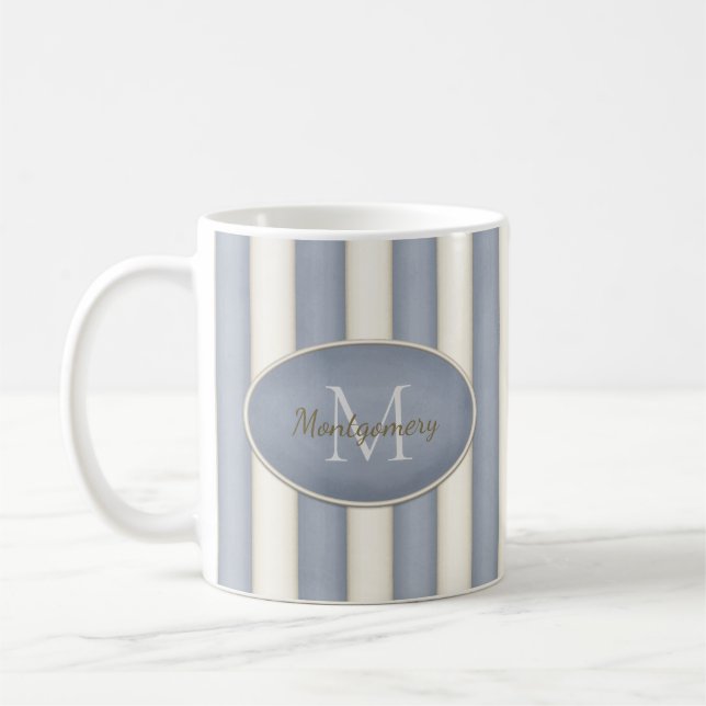 Grey & Antique White Stripes Oval Framed Monogram Coffee Mug (Left)