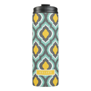 Grey Aqua and Yellow Ikat Moroccan Monogram Thermal Tumbler