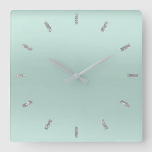 Grey Aqua Blue Ombre Minimal Glitter Square Wall Clock
