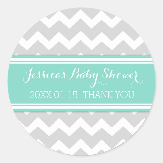 Grey Aqua Chevron Baby Shower Favour Stickers (Front)
