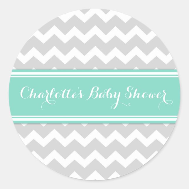 Grey Aqua Chevron Baby Shower Favour Stickers (Front)
