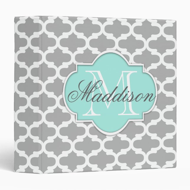 Grey Aqua Elegant Pattern Monogram Binder (Front/Spine)
