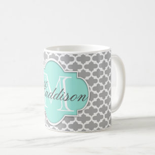 Grey Aqua Elegant Pattern Monogram Coffee Mug