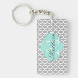 Grey Aqua Elegant Pattern Monogram Keychain