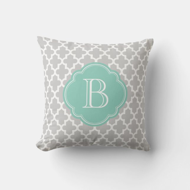 Grey & Aqua Modern Moroccan Custom Monogram Throw Pillow (Front)