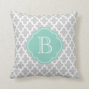 Grey & Aqua Modern Moroccan Custom Monogram Throw Pillow