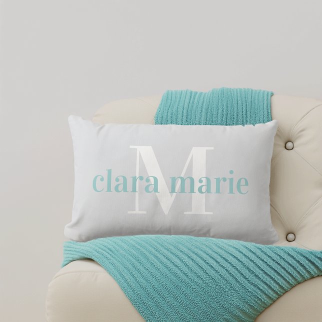 Grey & Aqua | Name and Monogram Nursery Lumbar Pillow (Creator Uploaded)