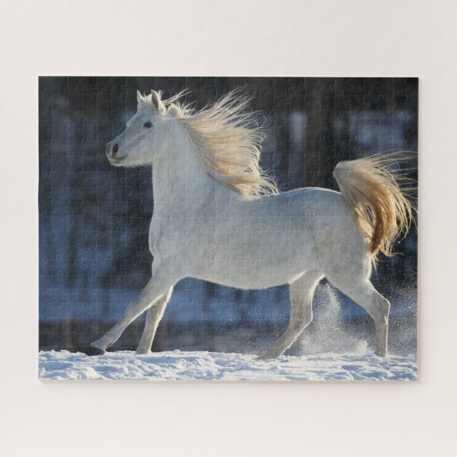 Grey Arab Running In Snow Mane Flowing Jigsaw Puzzle (Horizontal)