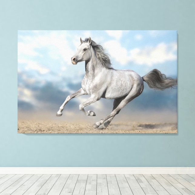 Grey Arabian Horse Gallops Through Sandy Landscape Canvas Print (Insitu(Wood Floor))
