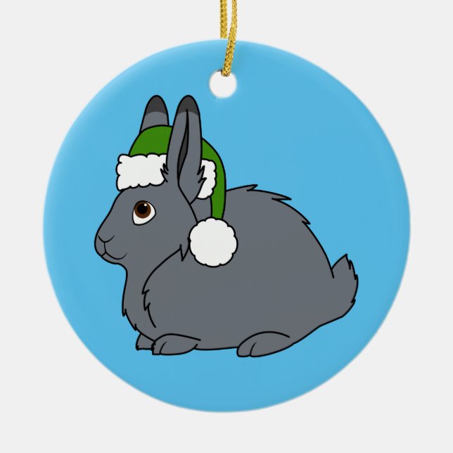 Grey Arctic Hare with Christmas Green Santa Hat Ceramic Ornament (Front)