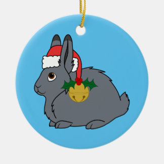 Grey Arctic Hare with Santa Hat & Gold Bell Ceramic Ornament