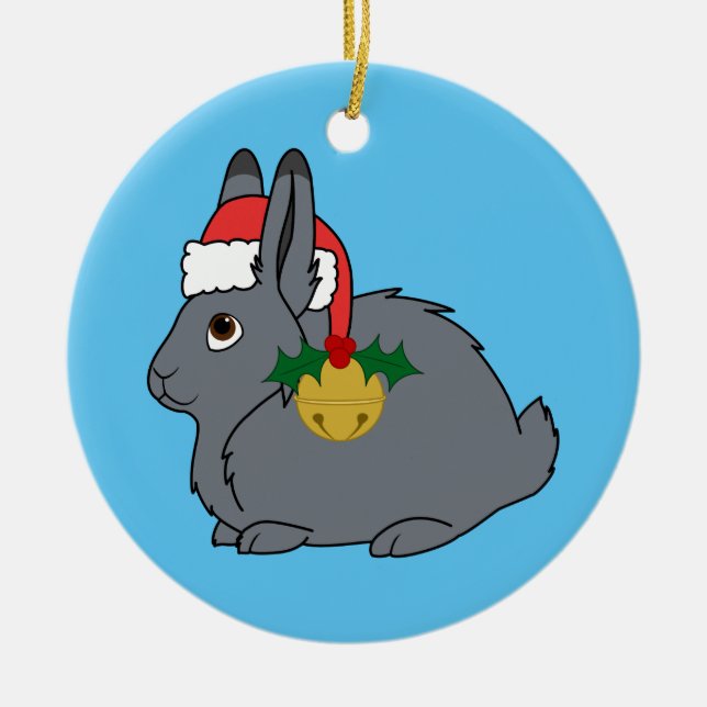 Grey Arctic Hare with Santa Hat & Gold Bell Ceramic Ornament (Front)