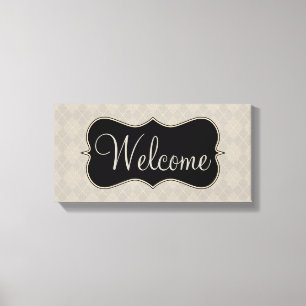 Grey Argyle Welcome Sign Canvas Art