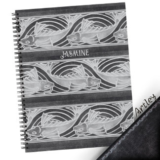 Grey Art Nouveau Fish in Waves Custom Name Notebook