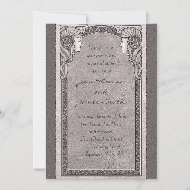 Grey Art Nouveau Wedding Invitation (Front)