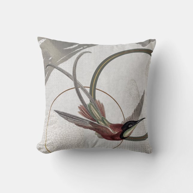 Grey Artistic Hummingbird Design | Green Throw Pillow (Front)