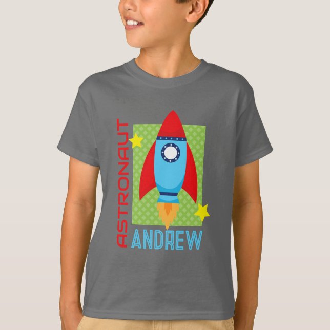 Grey Astronaut Name Space Rocket Party Shirt (Front)