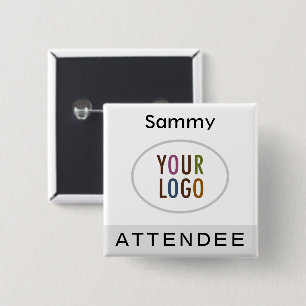 Grey Attendee Name Badge with Logo Pinback Square  2 Inch Square Button