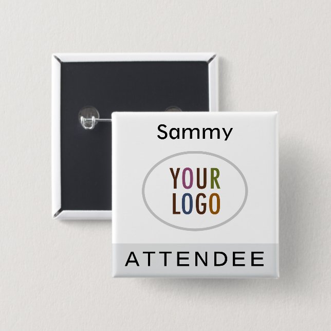 Grey Attendee Name Badge with Logo Pinback Square  2 Inch Square Button (Front & Back)