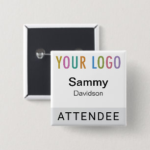 Grey Attendee Name Badge with Logo Pinback Square 2 Inch Square Button