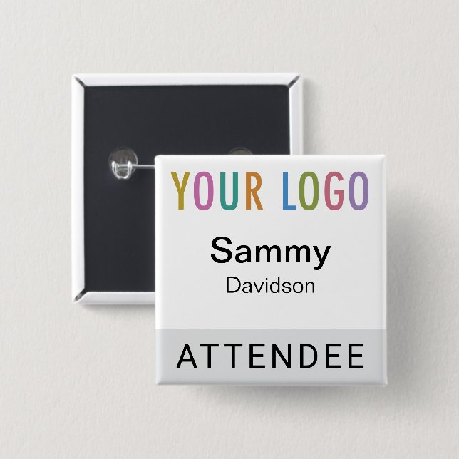 Grey Attendee Name Badge with Logo Pinback Square 2 Inch Square Button (Front & Back)