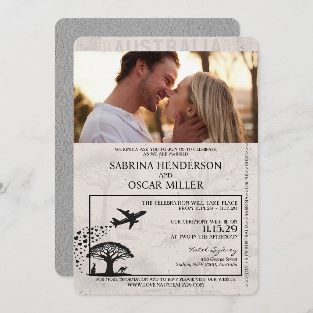Grey Australia Passport Wedding Invitation (Front/Back)