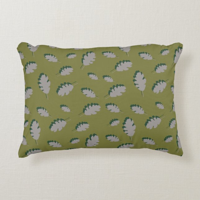 Grey autumn leaves pattern on a green background accent pillow (Front)