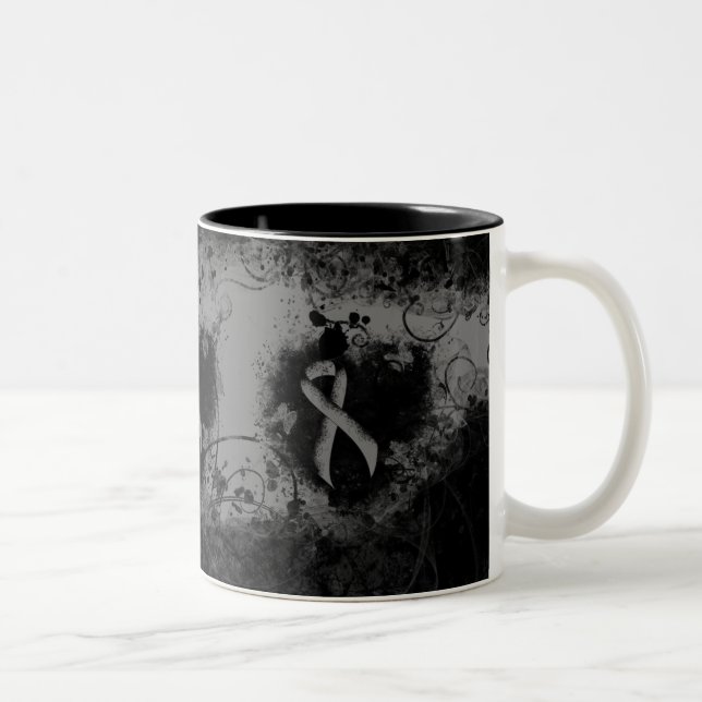 Grey Awareness Ribbon Grunge Heart Two-Tone Coffee Mug (Right)