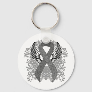 Grey Awareness Ribbon with Wings Keychain