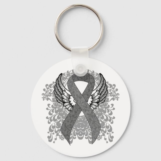 Grey Awareness Ribbon with Wings Keychain (Front)