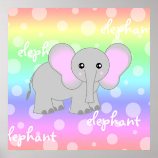 Grey Baby Elephant Cute Rainbow Poster Print