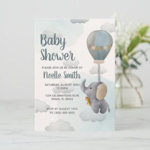 Grey Baby Elephant, Hot Air Balloon in Clouds Invitation