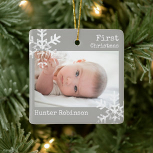 Grey Baby First Christmas Photo Snowflake Ceramic Ornament