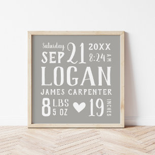Grey Baby Name and Birth Stats   Editable Colours Poster