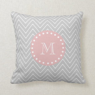 Grey Baby Pink Modern Chevron Custom Monogram Throw Pillow