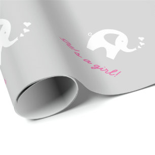 Grey baby shower wrapping paper with cute elephant