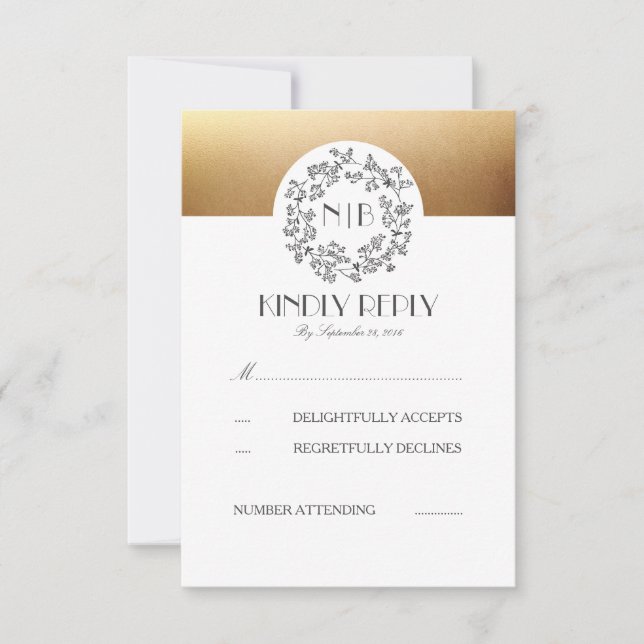 Grey Baby's Breath Gold Wedding RSVP Cards (Front)