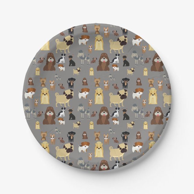 grey background dogs pattern paper plate (Front)