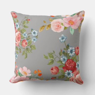 Grey Background Pillow with Small Floral Design"