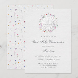 grey background wildflowers frame first communion invitation
