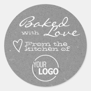 Grey Baked with Love Logo Template Heart Symbol Classic Round Sticker