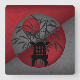 Grey bamboo red moon mini pagoda square wall clock