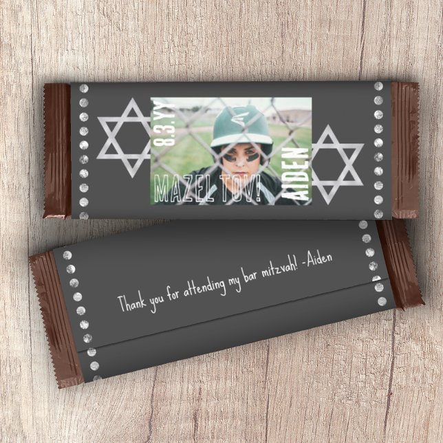 Grey Bar Mitzvah Budget Candy Bar Wrapper w/ Stars (DIY Budget Personalized Gray Bar Mitzvah Chocolate Candy Bar Wrapper with Photo, Stars of David)