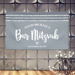 Grey Bar Mitzvah Modern Silver Tallit Bold Script  Banner<br><div class="desc">Be proud, rejoice and showcase this milestone of your favourite Bar Mitzvah! Hang up this cool, unique, modern, personalized banner to add to his special day. Bold, white script typography, Star of David, and a soft grey and silver glitter striped tallit inspired graphic overlay a simple, lighter soft grey background....</div>