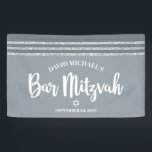 Grey Bar Mitzvah Modern Silver Tallit Bold Script  Banner<br><div class="desc">Be proud, rejoice and showcase this milestone of your favourite Bar Mitzvah! Hang up this cool, unique, modern, personalized banner to add to his special day. Bold, white script typography, Star of David, and a soft grey and silver glitter striped tallit inspired graphic overlay a simple, lighter soft grey background....</div>