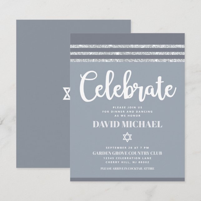 Grey Bar Mitzvah Silver Tallit Bold Modern Simple Enclosure Card (Front/Back)