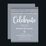 Grey Bar Mitzvah Silver Tallit Bold Modern Simple Enclosure Card<br><div class="desc">Be proud, rejoice and showcase this milestone of your favourite Bar Mitzvah! Include this cool, unique, modern, personalized insert for additional information to your event. Bold, white script typography, Star of David and a soft grey and silver glitter striped tallit inspired graphic overlay a simple, lighter soft grey background. Personalize...</div>