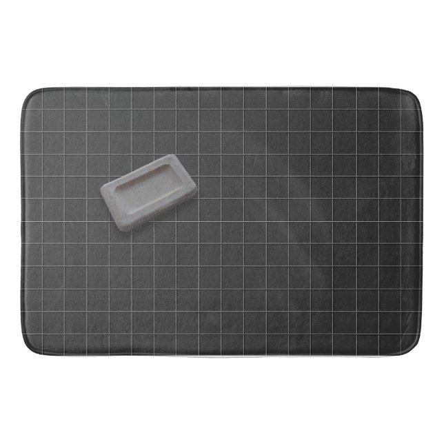 Grey Bar Soap on a Black Tile Floor Bath Mat (Front)