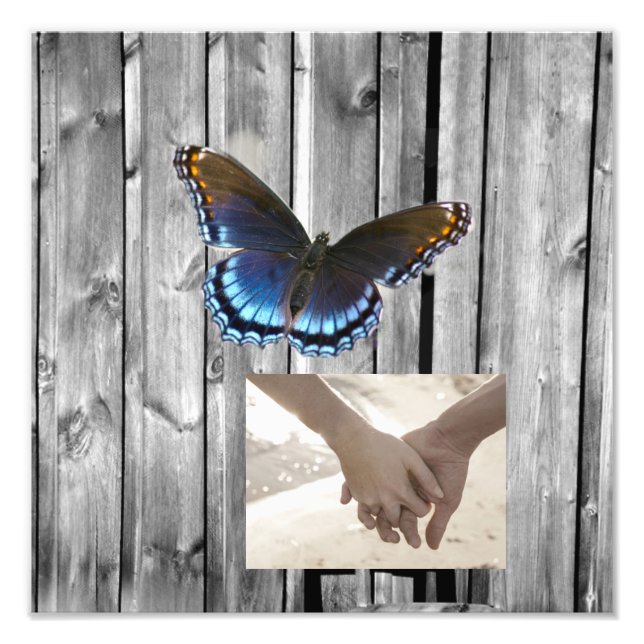 Grey Barn Wood BLue Butterfly Wedding Photo Print (Front)