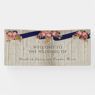 Grey Barn Wood Navy Blue Pink Rose Rustic Wedding  Banner